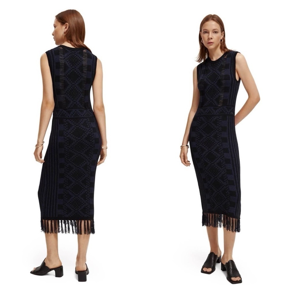 NWT SCOTCH AND SODA Fringe Hem Knit Navy Midi Dress Sz M